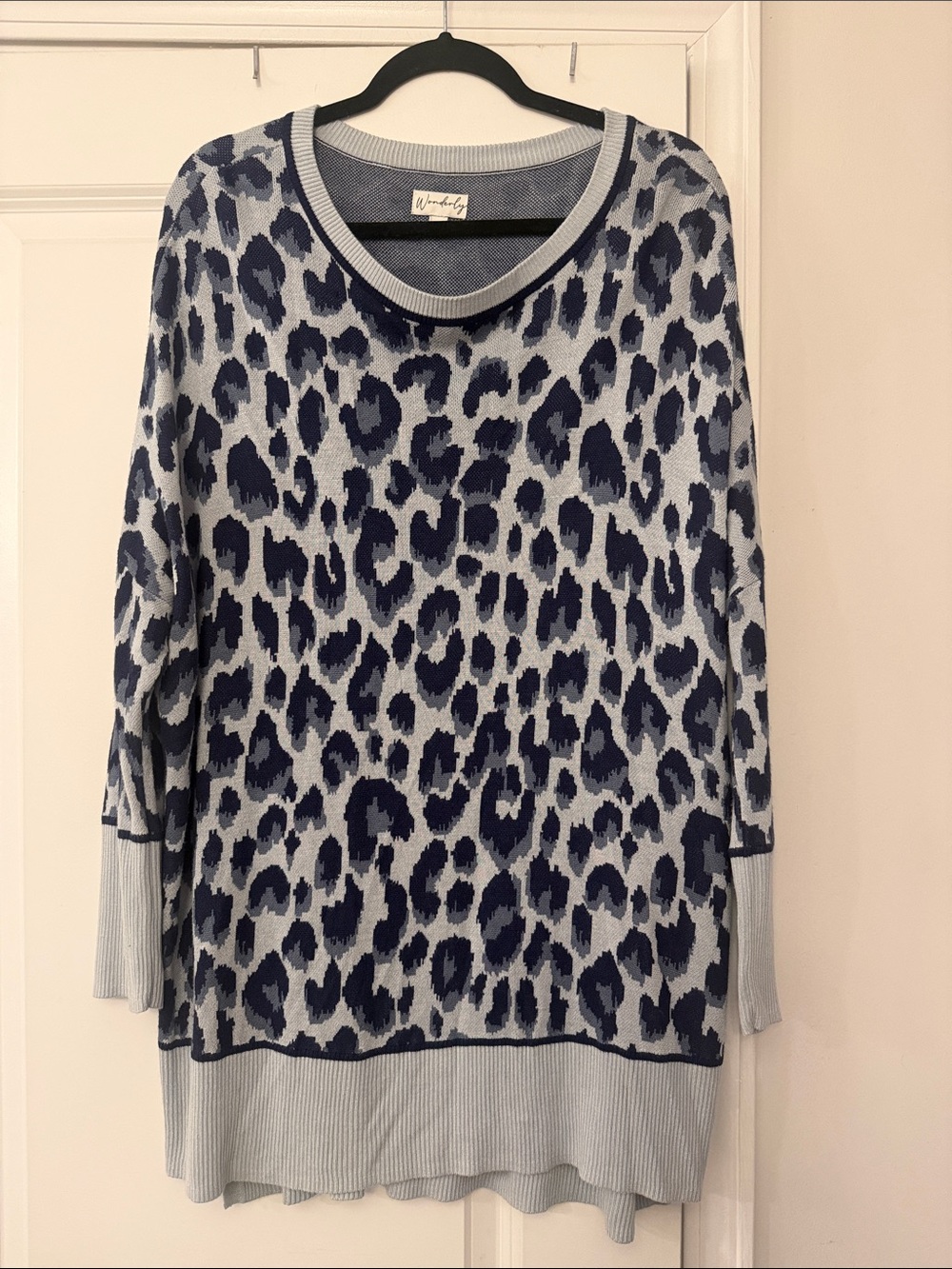Wonderly Blue and Navy Leopard Print Knit Sweater